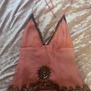 Y2k 100% silk sequin halter top with Brown Embellishments